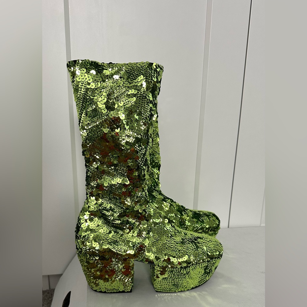 Prada Green Sequined Platform Boots - Picture 7 of 12